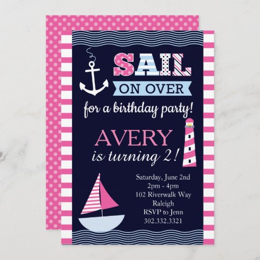 セイルガ遠くにールズ航海の誕生日招待状 招待状 (正面/裏面)
