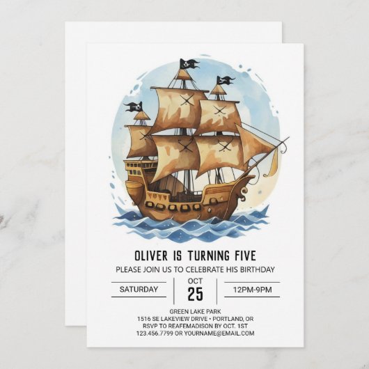 セイルズウェー航海のズパイレーツ誕生日 招待状 (正面/裏面)