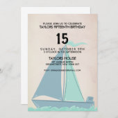 セイルボートサンセットサマーブルーピンク誕生日パーティー 招待状 (正面/裏面)