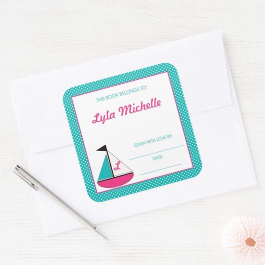 セイルボートブックプレートモノグラムターコイズピンクガールズ スクエアシール (封筒)