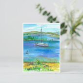 セイルボートマウンテンレイクウォーター絵画カラー ポストカード (スタンド正面)