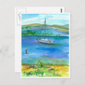 セイルボートマウンテンレイクウォーター絵画カラー ポストカード (正面/裏面)