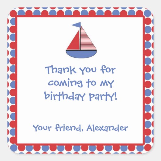 セイルボート誕生日パーティー好意ステッカーレッドブルー スクエアシール (正面)