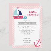 セイルボ航海のートガール誕生日招待状ピンク 招待状 (正面/裏面)