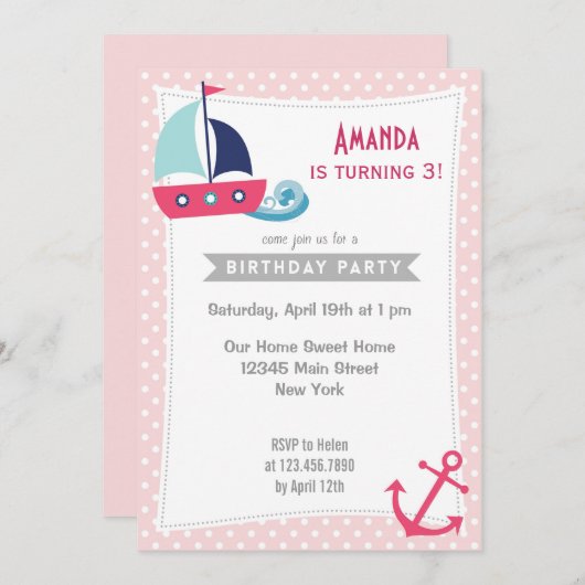 セイルボ航海のートガール誕生日招待状ピンク 招待状 (正面/裏面)