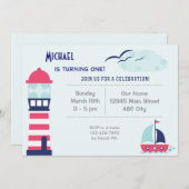 セイルボ航海のートチャイルド誕生日招待状ブルー 招待状 (正面/裏面)