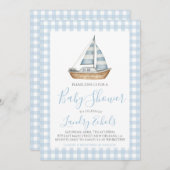 セイル名門私立校風のボートブルー航海のボーイ赤ちゃんシャワー 招待状 (正面/裏面)