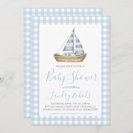 セイル名門私立校風のボートブルー航海のボーイ赤ちゃんシャワー 招待状 (正面/裏面)