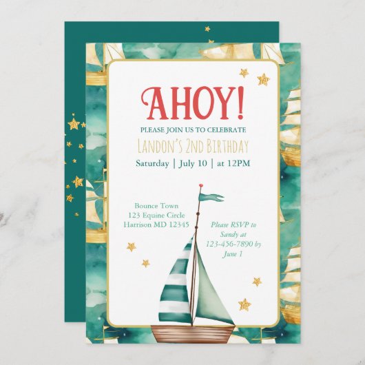 セイル航海のボート子供の誕生日 招待状 (正面/裏面)