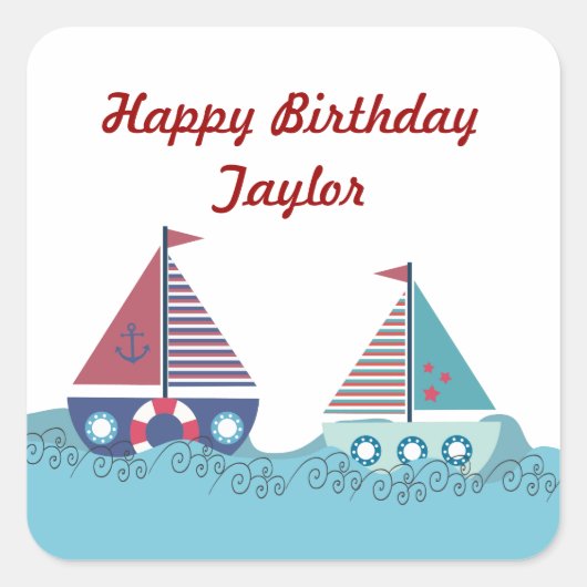 セイル遠くにボートブルー航海のレッドステッカー スクエアシール (正面)