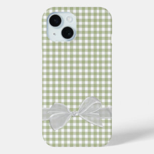 セイージグリーンジンガムの白い弓 iPhone 15ケース