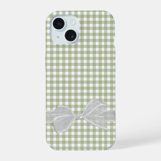 セイージグリーンジンガムの白い弓 iPhone 15ケース (裏面)