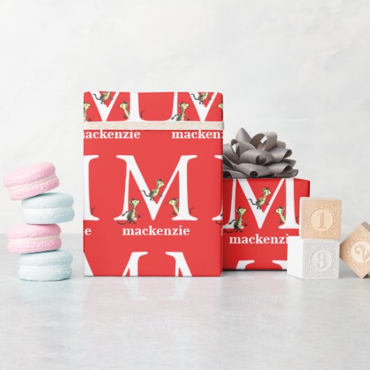 セウス博士のABC：手紙M – 白 |名前の追加 ラッピングペーパー (ベビーシャワー)