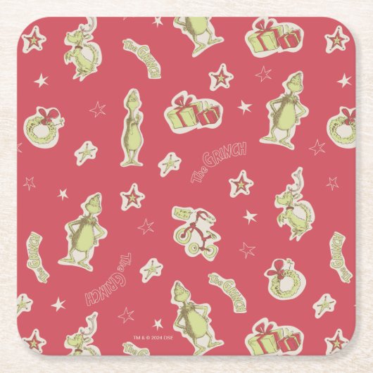セウス博士 |グラインチ |赤いクリスマスパターン スクエアペーパーコースター (正面)