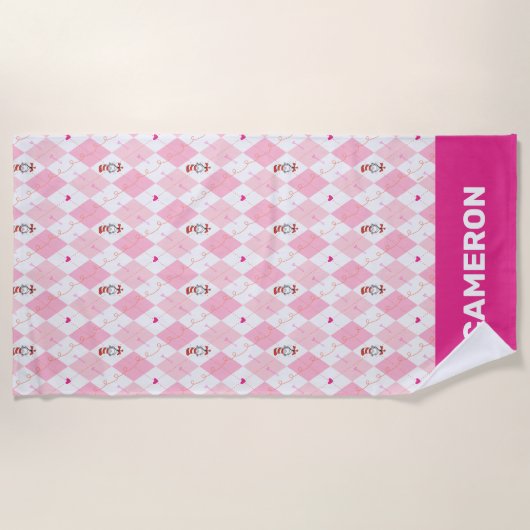 セウス・バレンタイン |帽子アーガイルにピンクの猫 ビーチタオル (正面)