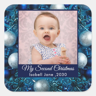 セカンドクリカスタムスマスファミリーフォト文字ブルー スクエアシール