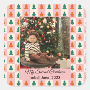 セカンドクリスマスの家族写真入りカスタムテキストテンプレート スクエアシール