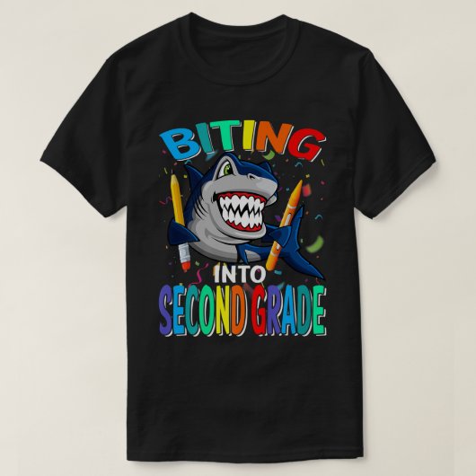 セカンドグレードのサメ新学期に食い込む Tシャツ (デザイン正面)