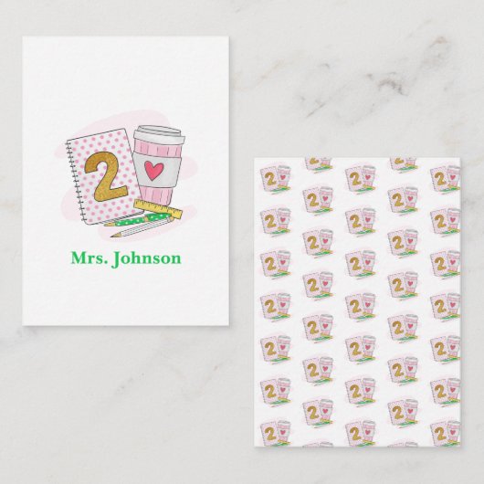 セカンドグレード先生ピンクノートブックコーヒー ノートカード (正面/裏面)