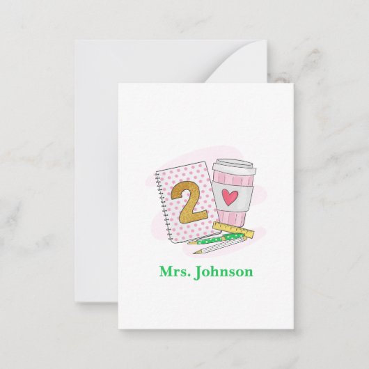 セカンドグレード先生ピンクノートブックコーヒー ノートカード (正面)
