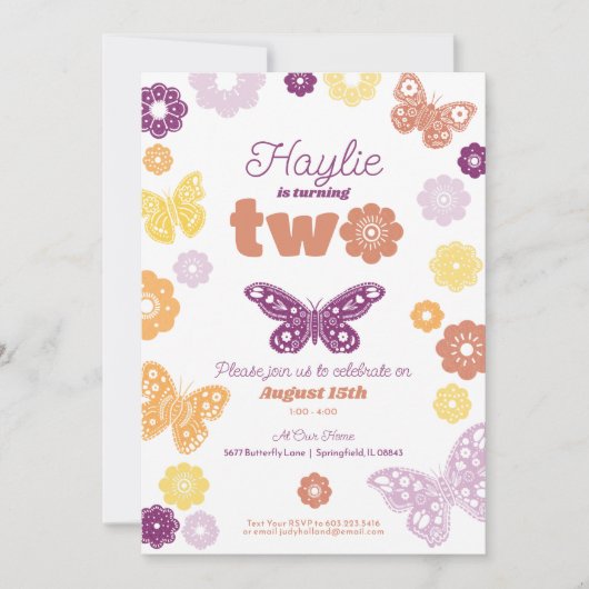 セカンドバースデーパーティーレトロバタフライ誕生日 招待状 (正面)
