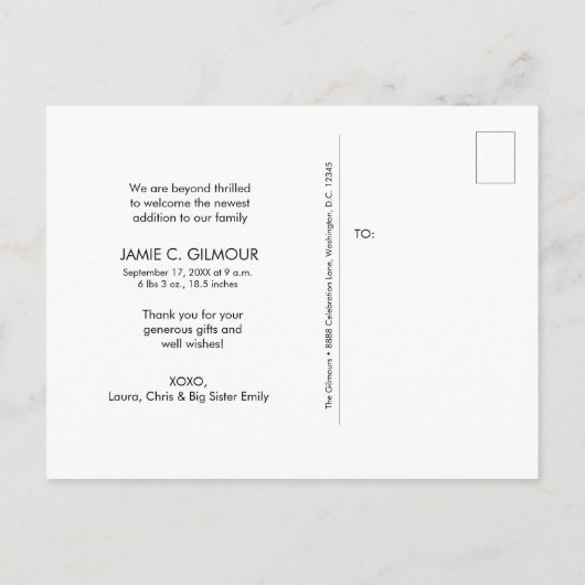 セカンドベビーガール感謝していフォトスクリプト誕生 案内ポストカード (裏面)