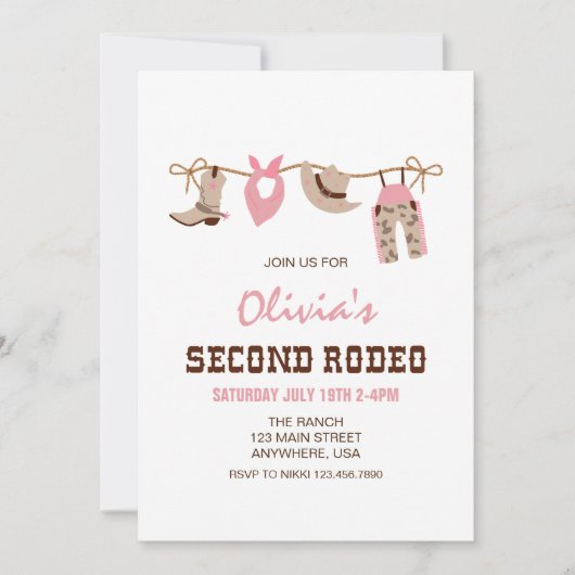 セカンドロデオウェスタン女性のカーボーイセカンドバースデー 招待状 (正面)