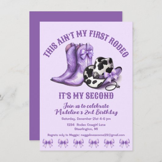 セカンドロデオウエスタンボウズパープル女性のカーボーイ誕生日 招待状 (正面/裏面)