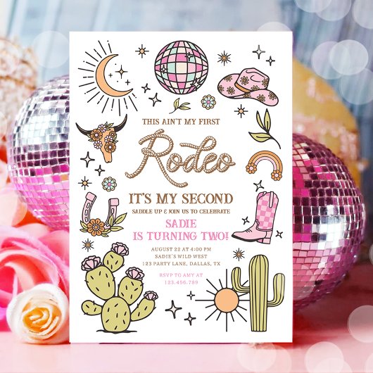 セカンドロデオディスコ女性のカーボーイレトロ2nd誕生日 招待状