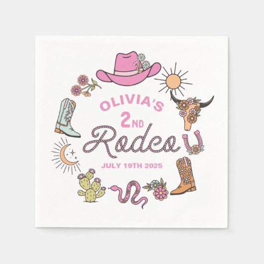 セカンドロデオピンクウェスタンカウボーイ2nd誕生日 スタンダードカクテルナプキン (正面)