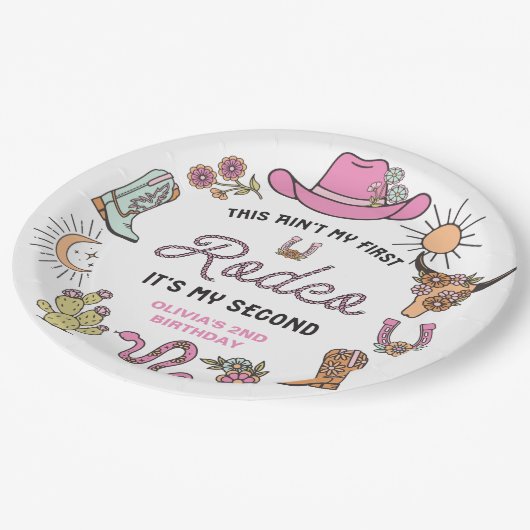 セカンドロデオピンクウェスタンカウボーイ2nd誕生日 ペーパープレート (アングル)