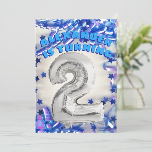 セカンド誕生日シルバーアンドブルーエイジ2ボーイズパーティー 招待状 (スタンド正面)