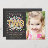 セカンド誕生日招待状ガールピンク金ゴールドミントツー 招待状 (正面/裏面)