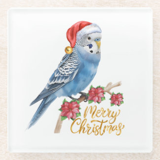 セキセイインコのクリスマス ガラスコースター
