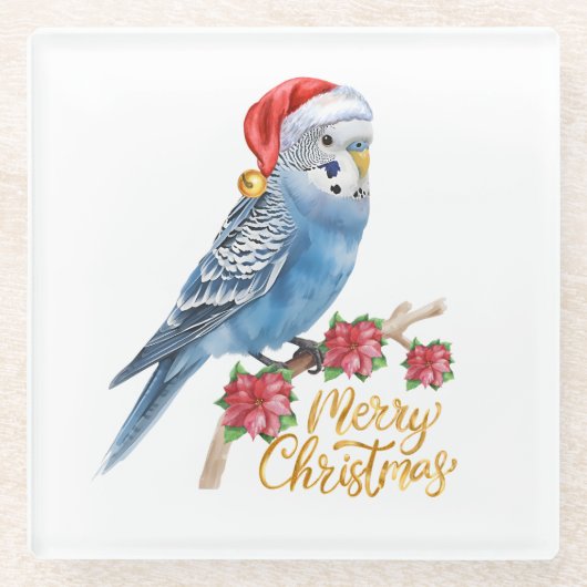 セキセイインコのクリスマス ガラスコースター (正面)