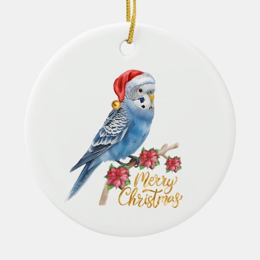 セキセイインコのクリスマス セラミックオーナメント (正面)