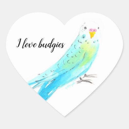 セキセイインコ ブルー 水彩画 ハートシール (正面)