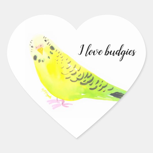 セキセイインコ 水彩画 イエローグリーン ハートシール (正面)