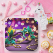 セクインマルディグラスマスクと金ゴールドビーズ ペーパープレート (パーティー)