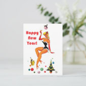 セクシーなピンナップの女性が新年のシャンパンを喜ぶことを願う ポストカード (スタンド正面)