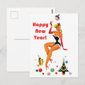 セクシーなピンナップの女性が新年のシャンパンを喜ぶことを願う ポストカード (正面/裏面)