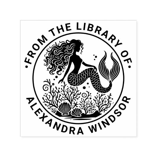 セクシーな人魚の貝殻珊瑚図書館の本の名前 セルフインキングスタンプ (デザイン)