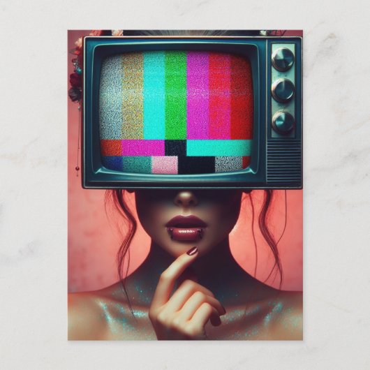 セクシーな女性とテレビの頭のキラキラ静的バー ポストカード (正面)
