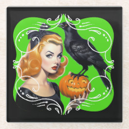 セクシーハロウィーンガールとレイヴン ガラスコースター