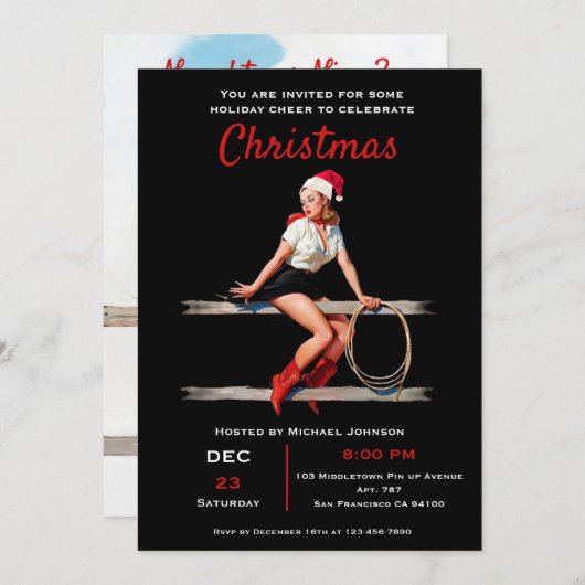 セクシーピンアップガールヴィンテージいけなまたは素敵なクリスマス 招待状 (正面/裏面)