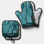 セクパーソナライズされたインティール(緑がかった色)ブルーアゲート 鍋つかみ&鍋敷きセット (正面/裏面)
