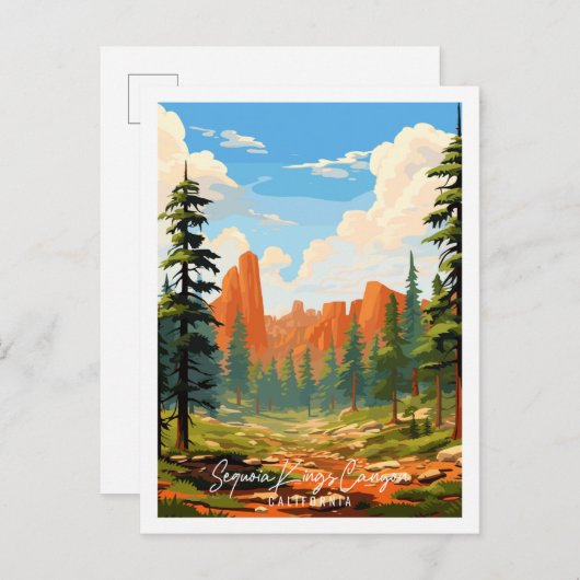 セコイアキングスキャニオンヴィンテージ旅行イラストレーション ポストカード (正面/裏面)