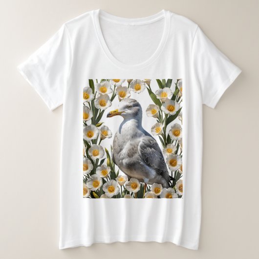 セゴユリの花に囲まれたカリフォルニアのカモメ プラスサイズTシャツ (デザイン正面)