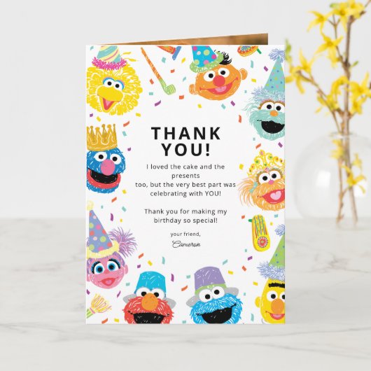 セサミストリートのお友達と一緒にお誕生日おめでとう！コンフェッティの感謝カード カード (黄色い花)