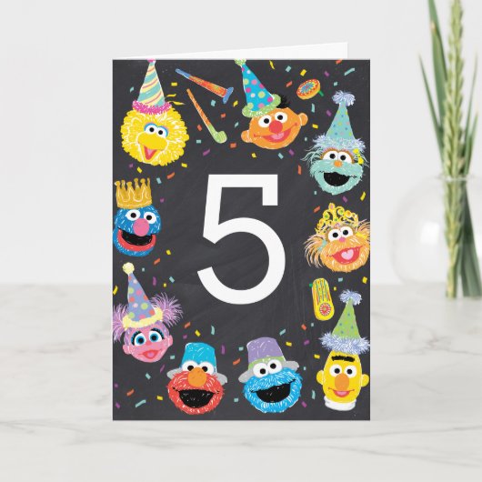 セサミストリートのカラフルな5歳の誕生日おめでとう カード (正面)